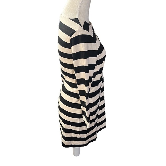Theory Women Cream & Black Striped Long Sleeve Round Neck Mini Shift Dress Sz M - Picture 8 of 15